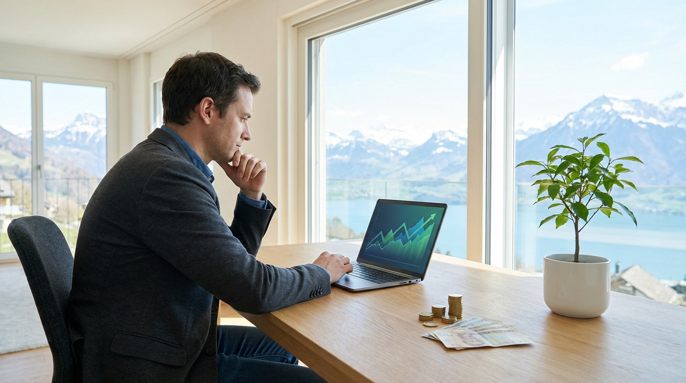 Un homme concentré analyse des données financières sur un portable, avec des piles de CHF et un paysage alpin suisse en arrière-plan.