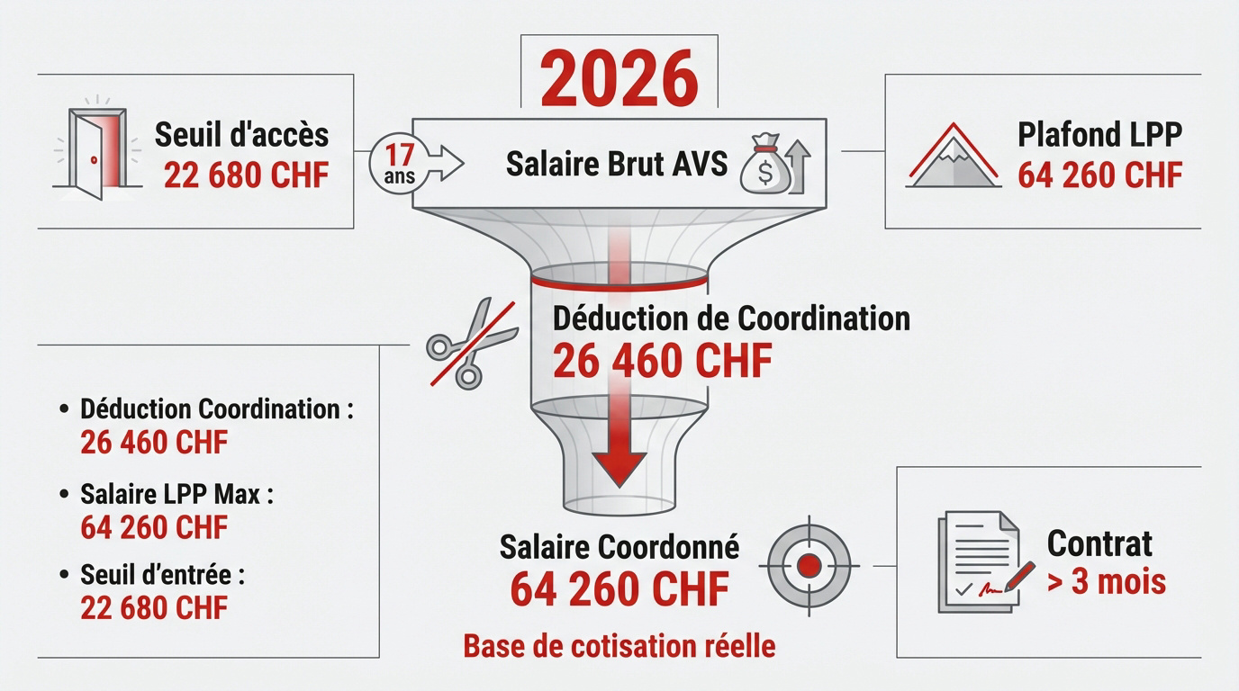 Schéma explicatif du calcul du salaire coordonné LPP pour l'année 2026 en Suisse