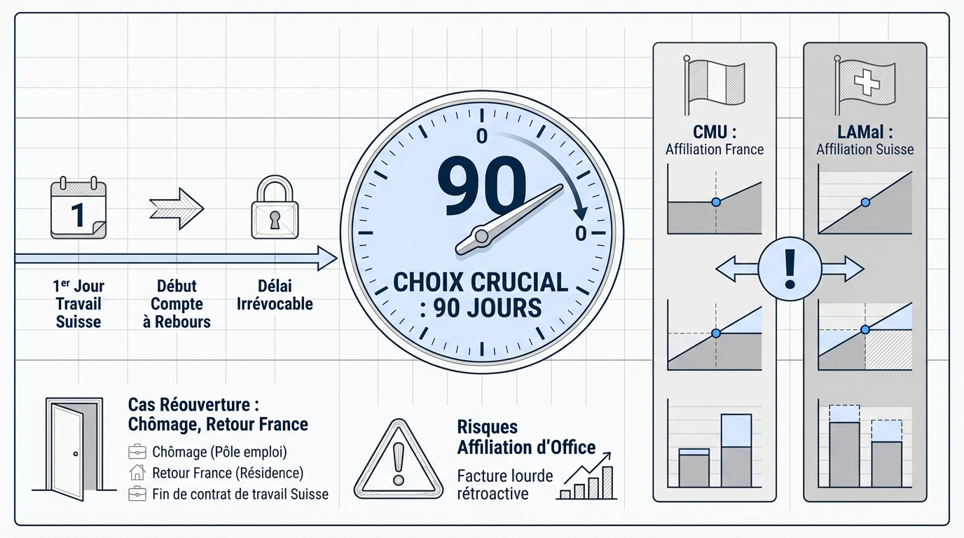 Illustration du délai de 90 jours pour le choix de l'assurance maladie frontalier