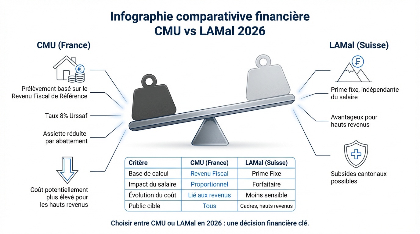 Comparatif des coûts entre l'assurance maladie CMU et LAMal pour les frontaliers en 2026