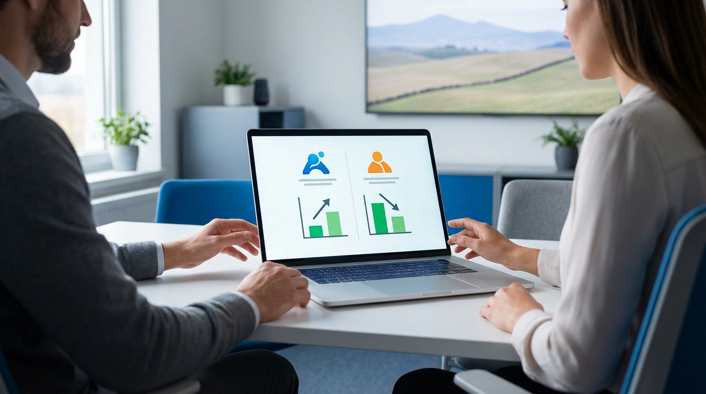 Deux personnes regardent un ordinateur portable affichant des graphiques comparant deux options d'assurance maladie pour frontaliers.