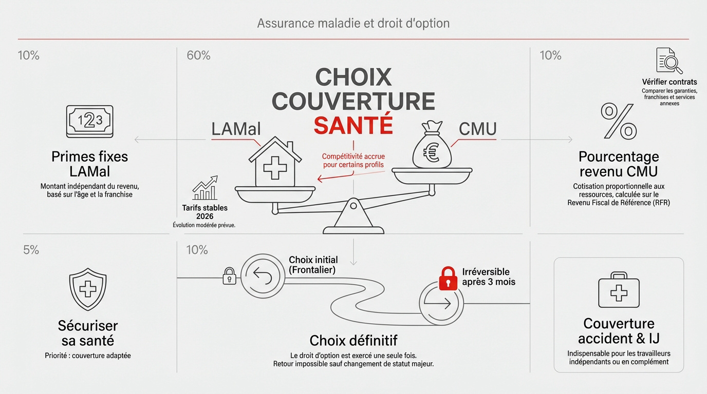 Tableau comparatif des prestations et coûts entre l'assurance LAMal suisse et la CMU française pour frontalier
