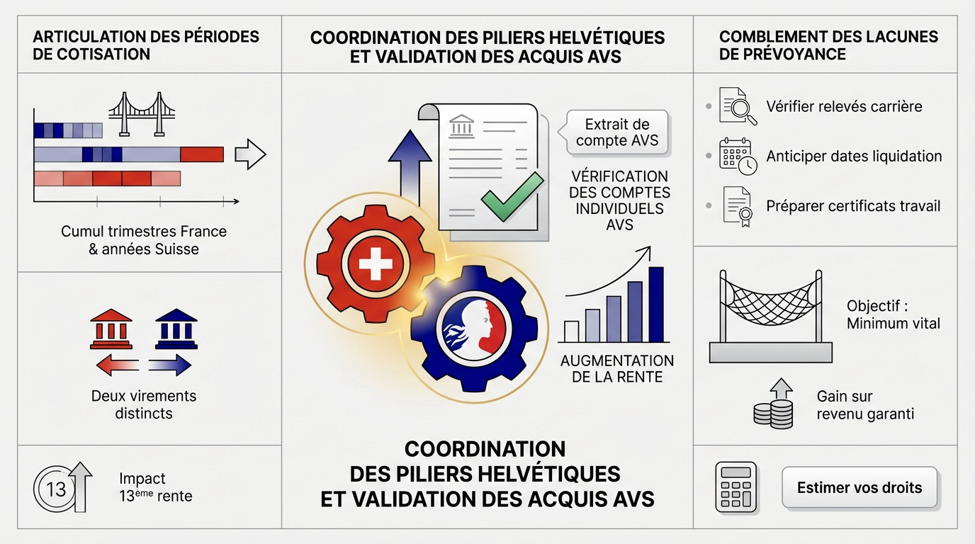 Schéma explicatif de la coordination des retraites entre la France et la Suisse pour les frontaliers
