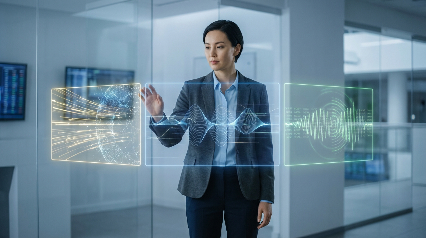 Femme d'affaires utilisant une interface holographique pour analyser des données boursières complexes dans un bureau moderne.