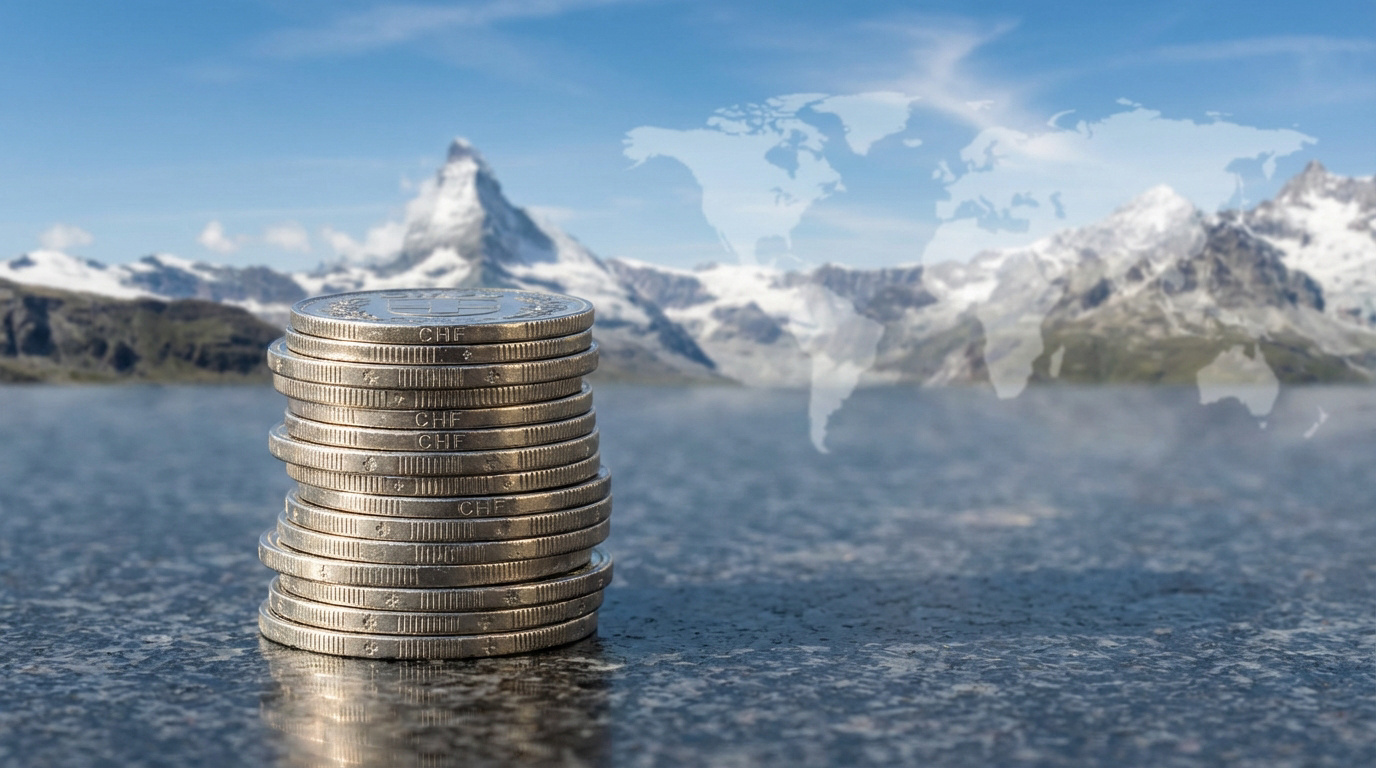 Pile de francs suisses devant les Alpes suisses emblématiques, avec une carte du monde en surimpression.