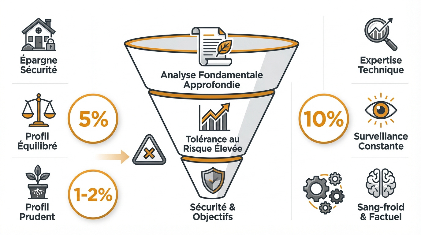 Infographie détaillant l'allocation en cryptomonnaies selon le profil de risque prudent, équilibré ou dynamique
