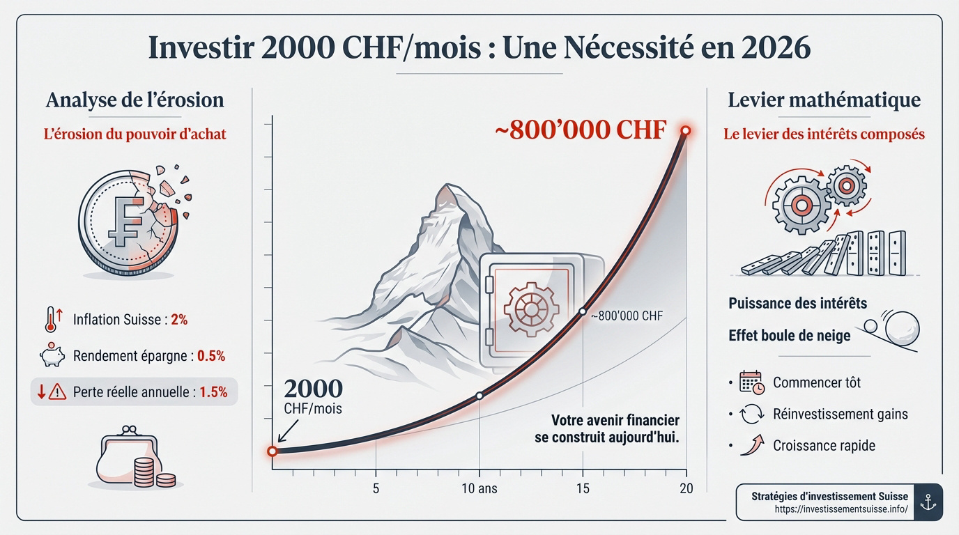Graphique montrant la croissance d'un investissement de 2000 CHF par mois sur 20 ans en Suisse