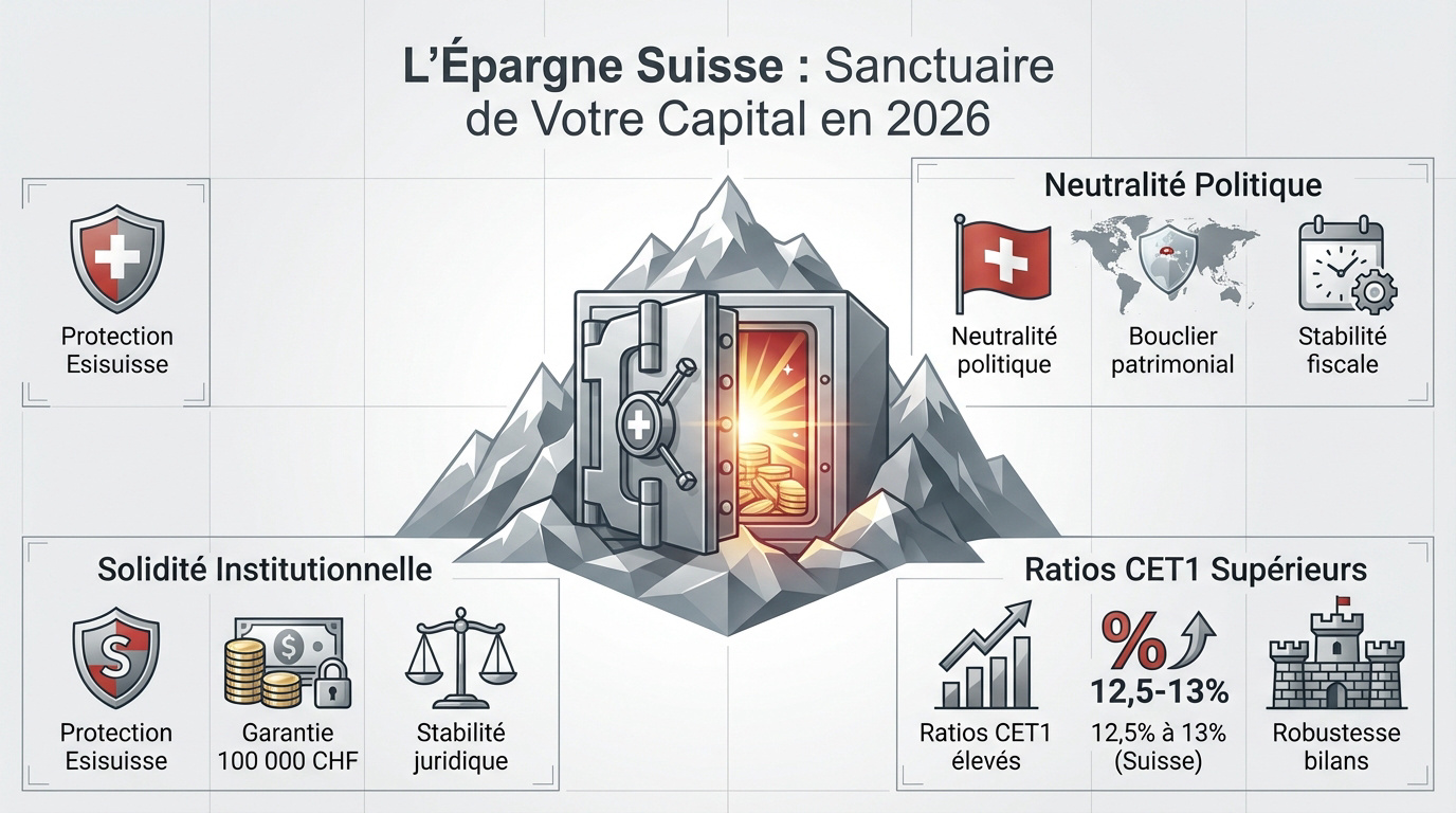 Coffre-fort et drapeaux suisses symbolisant la sécurité financière en 2026