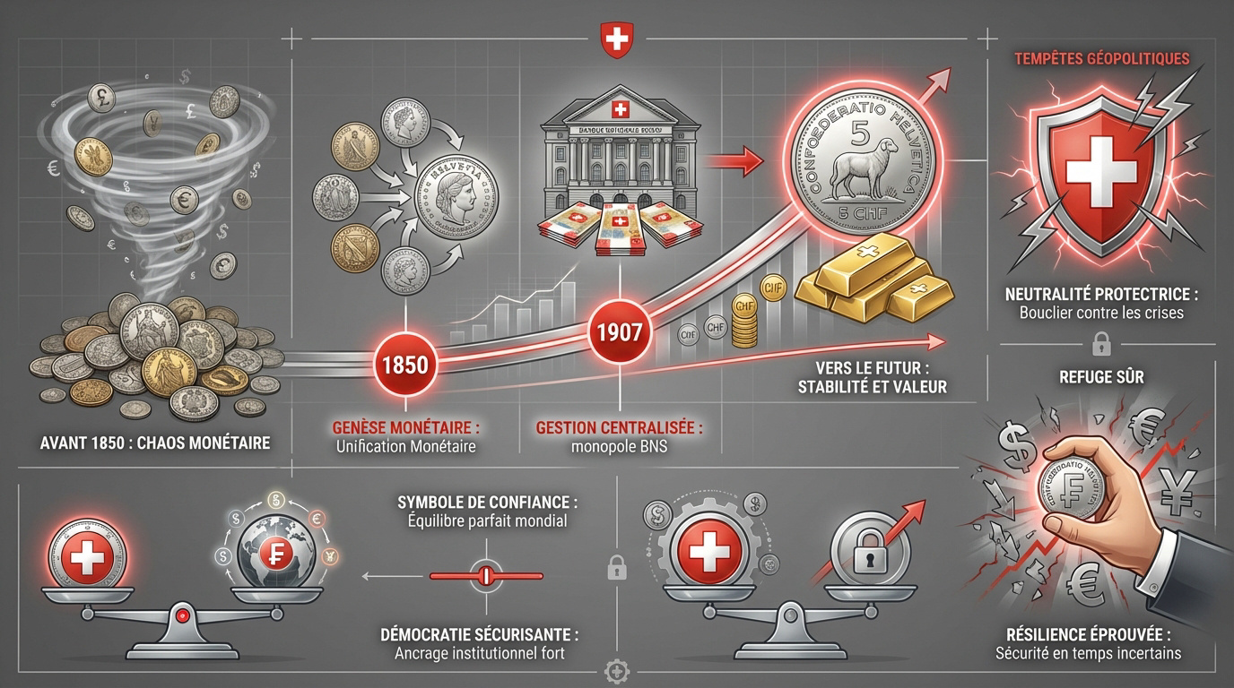 Représentation historique de la stabilité et de la confiance dans le franc suisse à travers le temps
