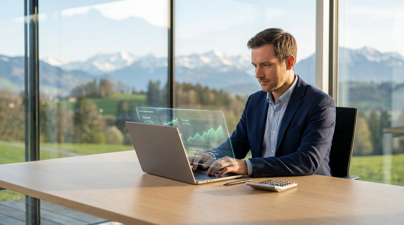Homme travaillant sur un laptop avec écran holographique affichant des données financières. Vue sur des montagnes suisses enneigées.