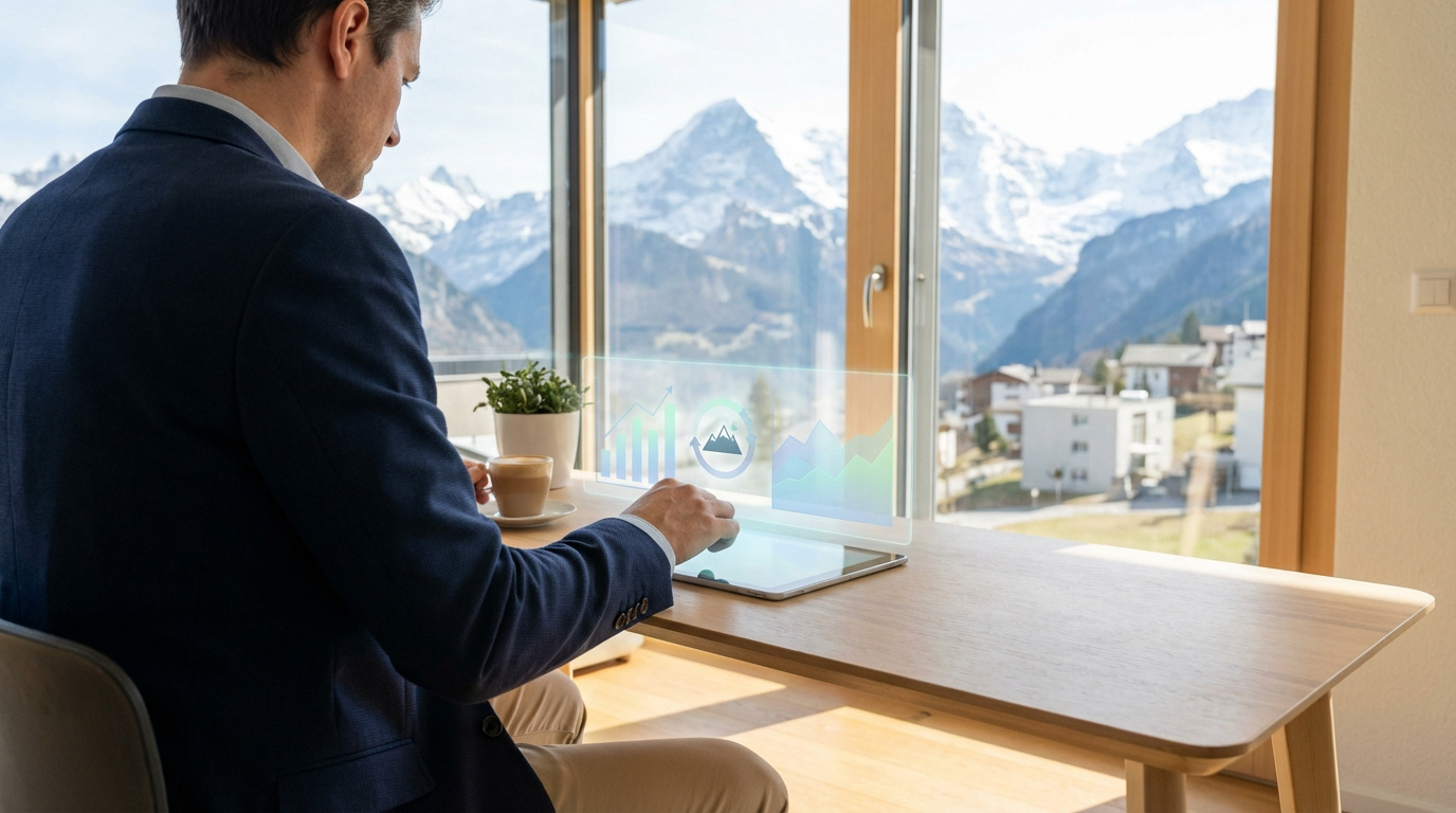 Homme travaillant sur tablette avec affichage holographique de données financières, devant une fenêtre vue montagne.
