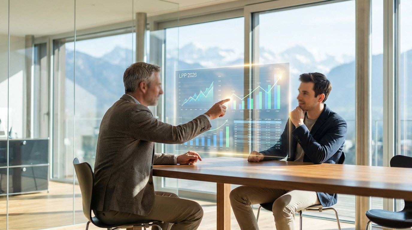Deux hommes discutent des données LPP 2026 affichées sur un écran holographique en bureau avec vue sur les montagnes.