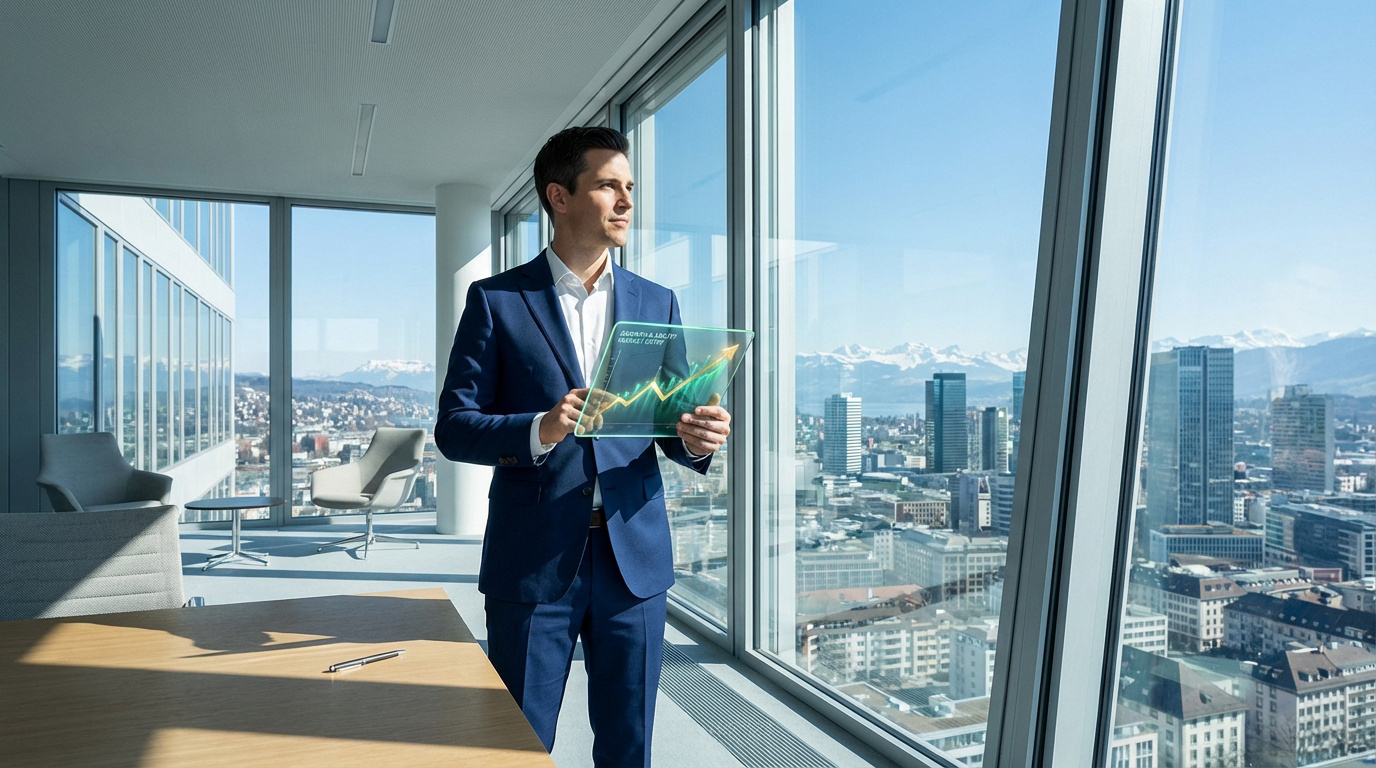 Homme d'affaires en costume tenant une tablette futuriste avec graphique de croissance, devant une vue urbaine suisse et des montagnes.