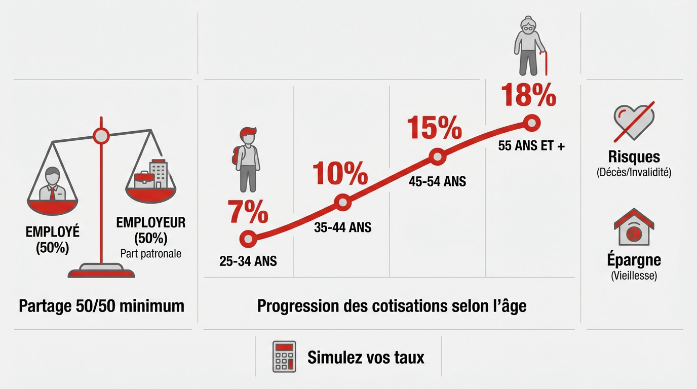 Graphique de la progression des taux de cotisation LPP selon les tranches d'âge en Suisse