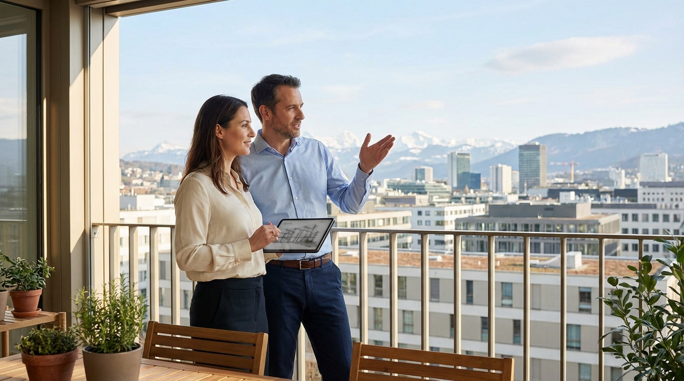 Un couple sur un balcon moderne avec vue sur une ville suisse et des montagnes enneigées. La femme consulte une tablette.