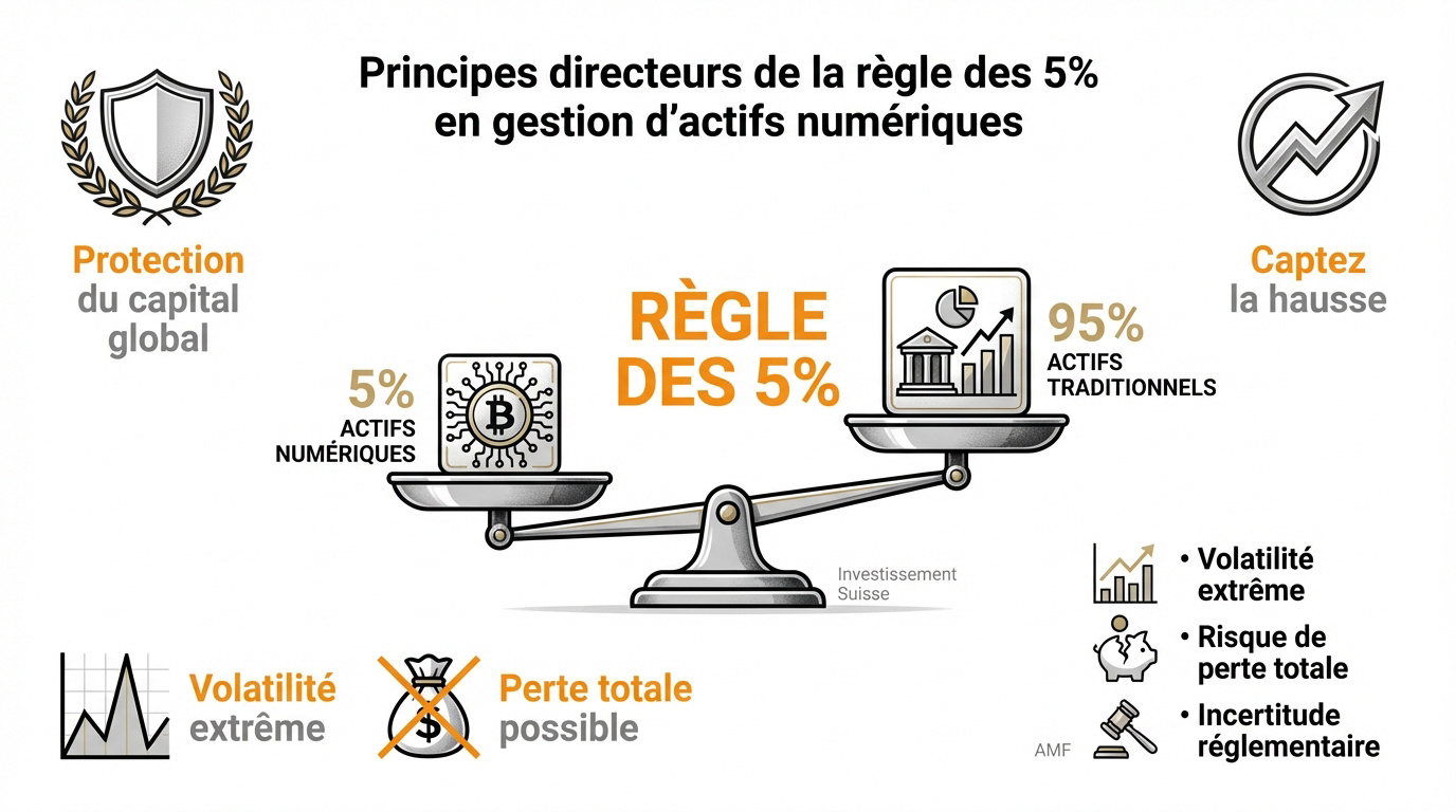 Graphique illustrant l'équilibre d'un portefeuille entre actifs traditionnels et 5% de cryptomonnaies