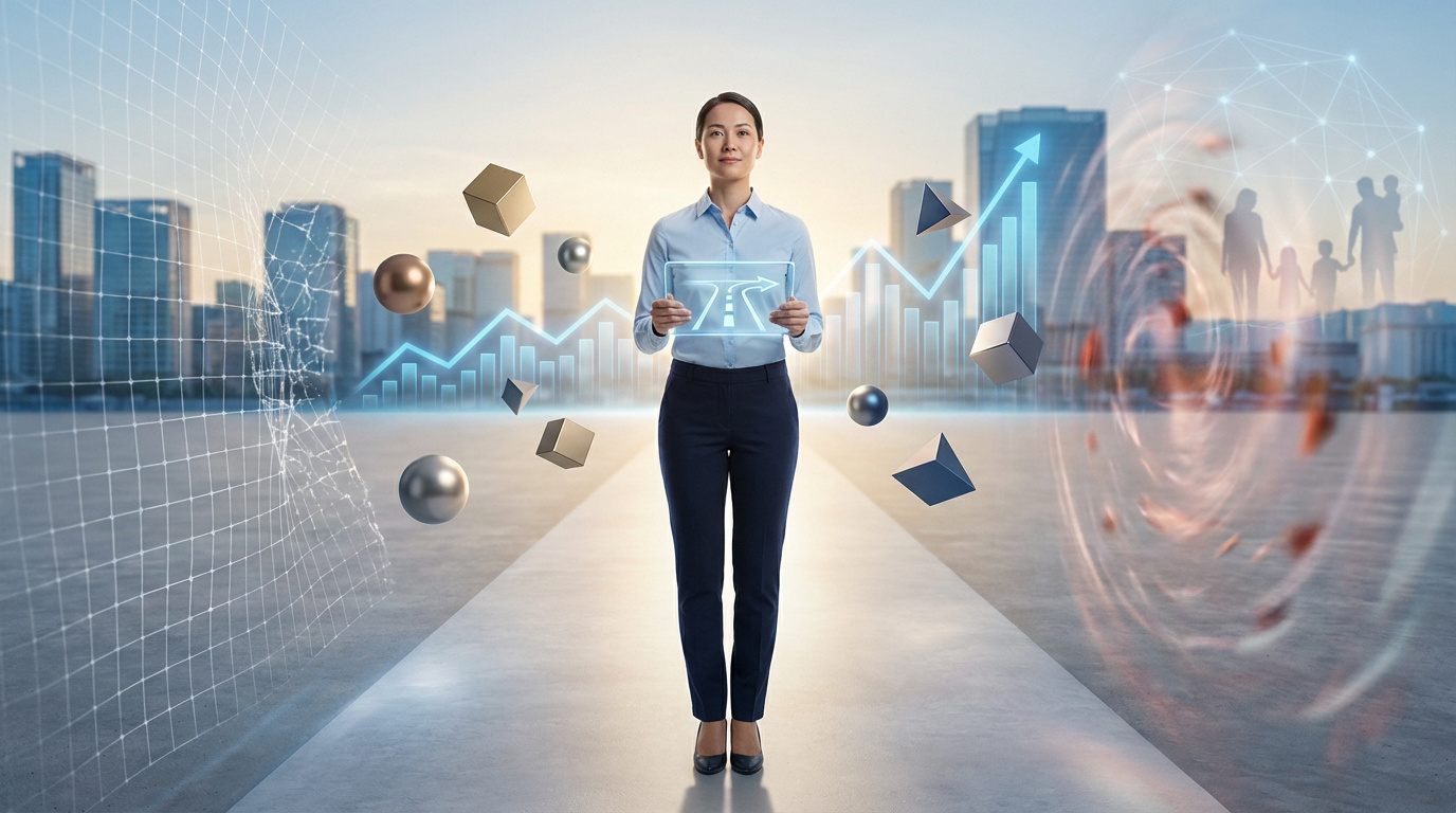 Femme dirigeante avec une tablette (chemin), graphiques de croissance, formes 3D et silhouettes familiales, sur fond de ville moderne.