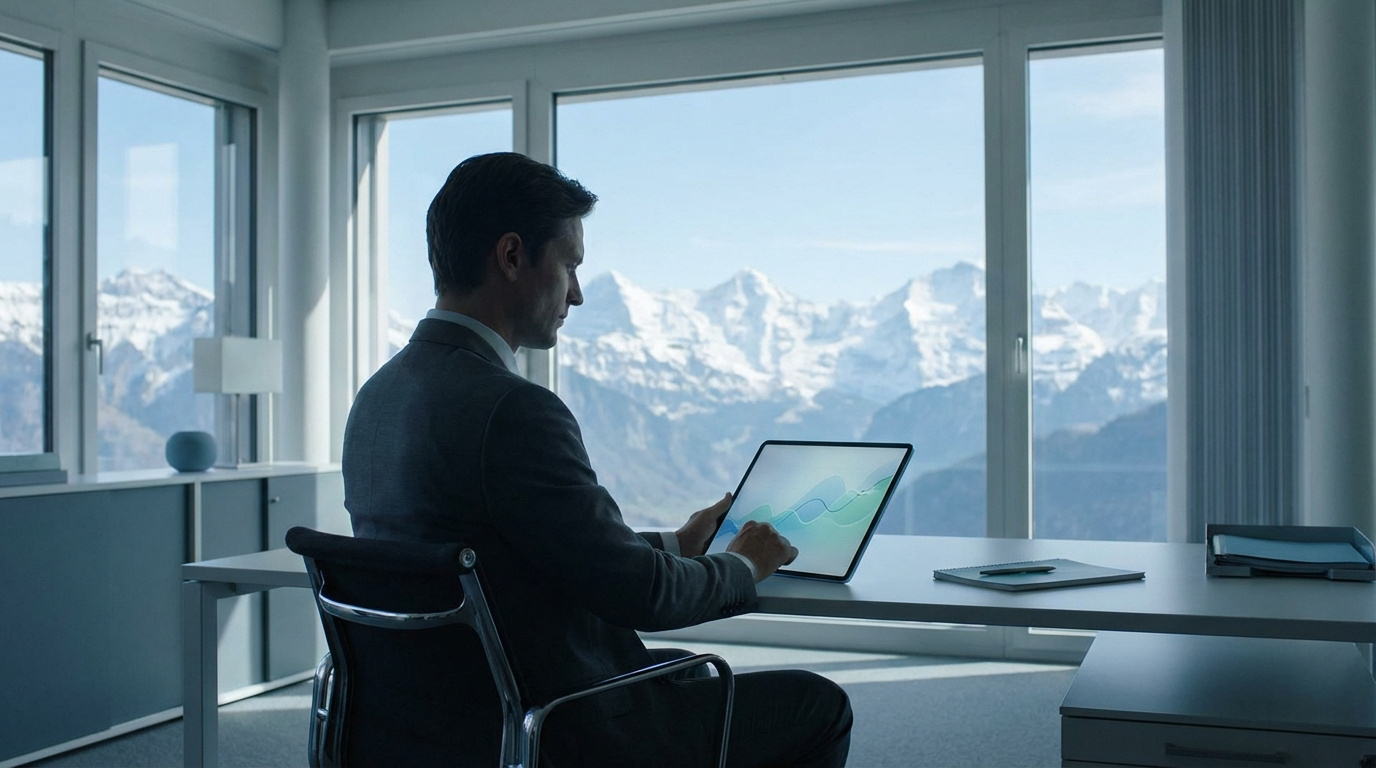 Un homme en costume analyse des graphiques financiers sur une tablette, assis dans un bureau moderne avec vue sur des montagnes enneigées.