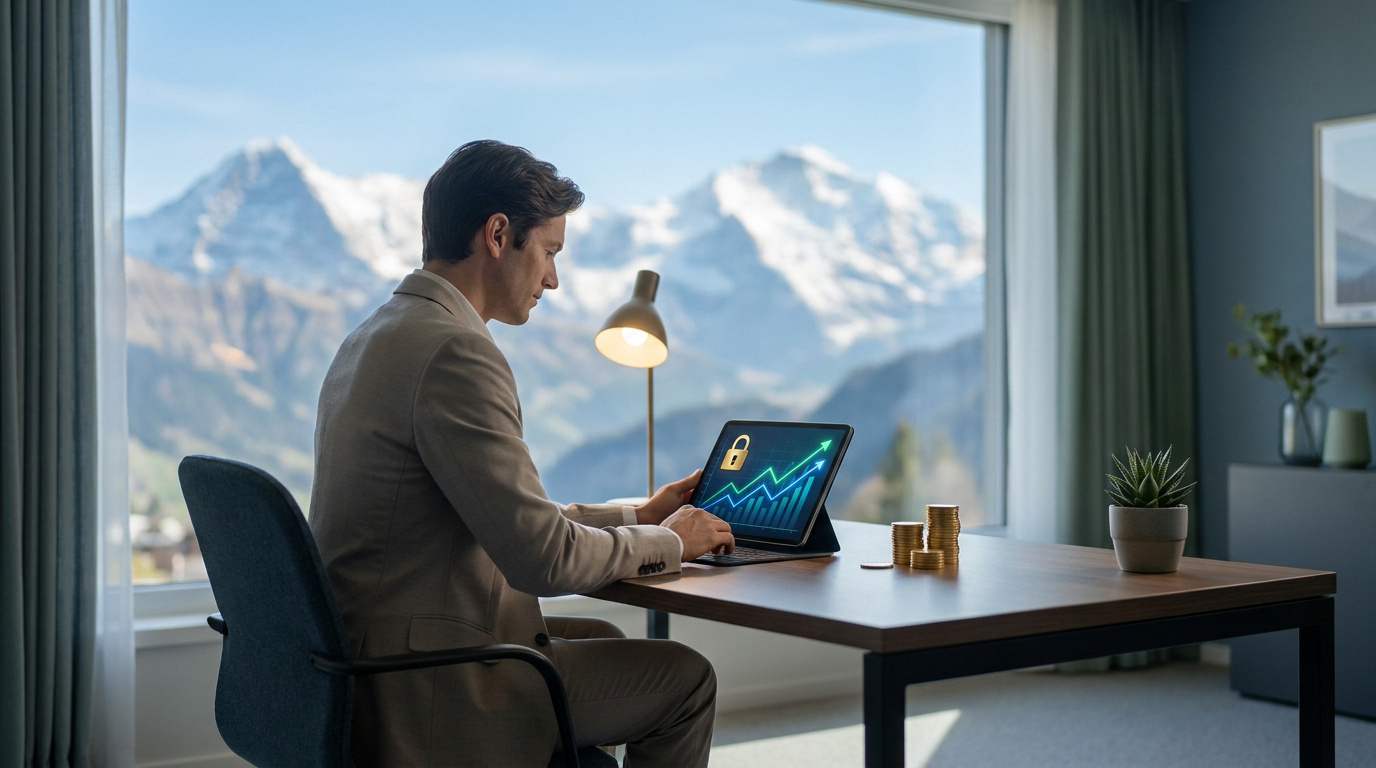 Un homme en costume consulte une tablette montrant une croissance financière sécurisée avec les Alpes suisses en fond.