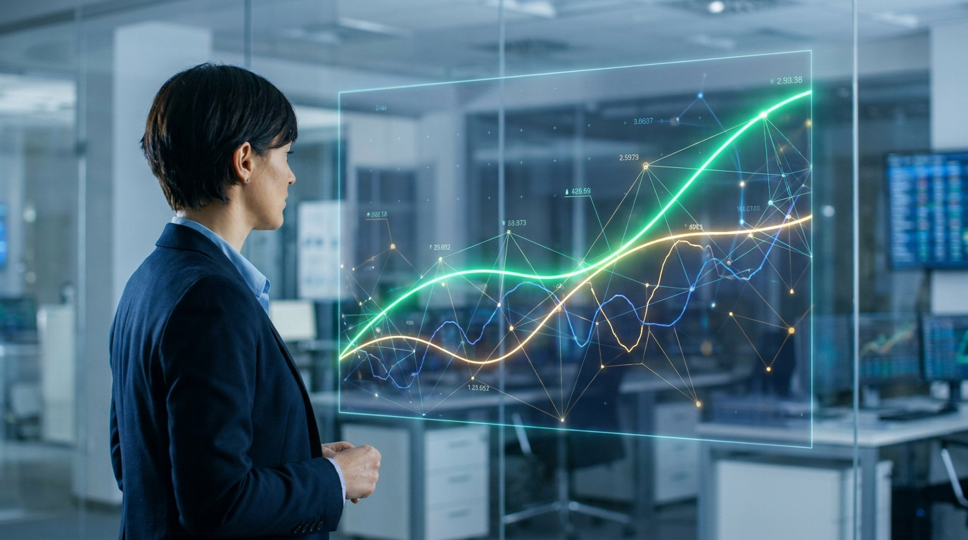 Femme en costume regardant un graphique holographique de données financières avec plusieurs courbes de croissance dans un bureau moderne.