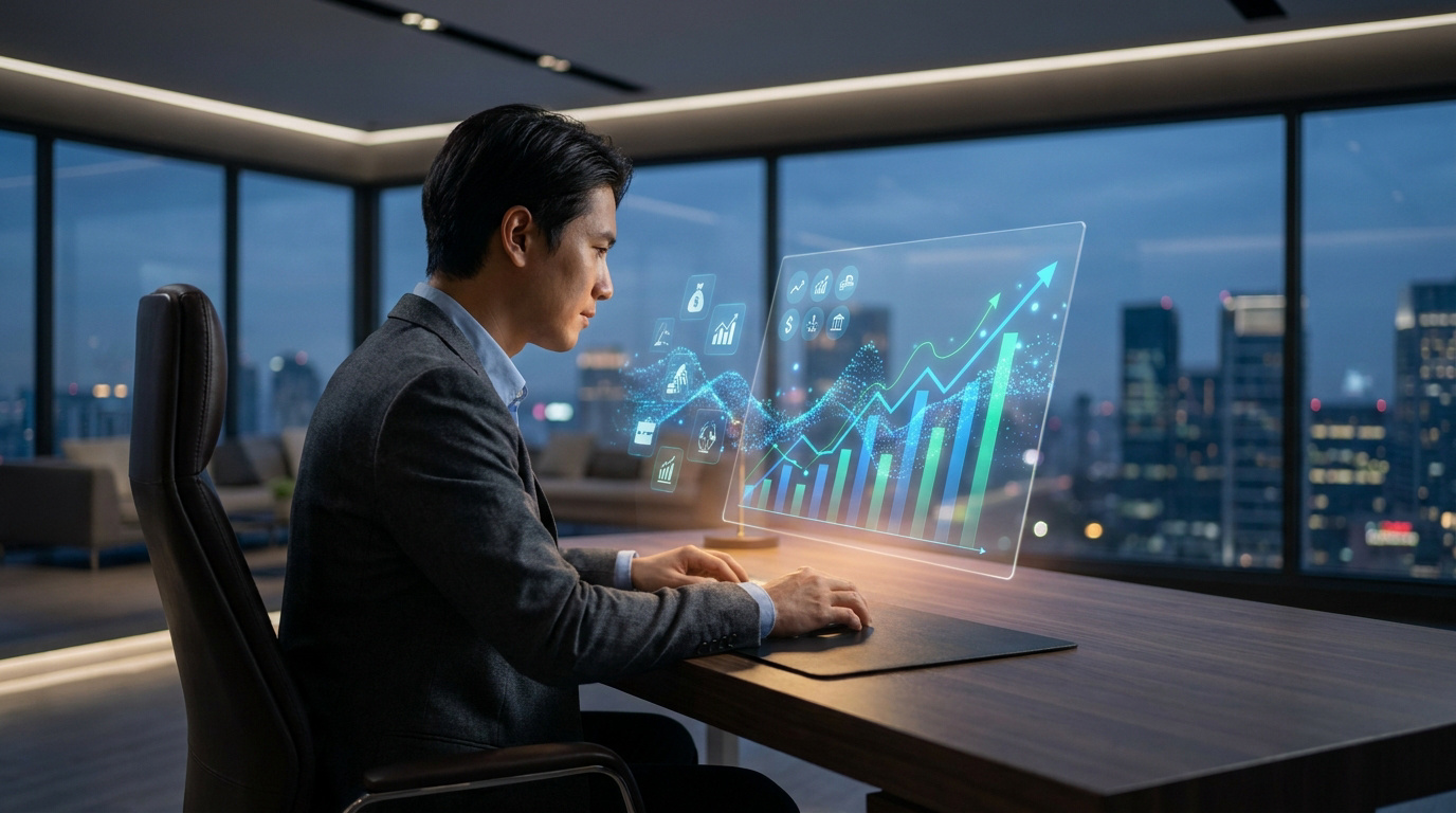 Homme d'affaires analysant des graphiques financiers holographiques. Bureau moderne, vue sur la ville. Représente l'optimisation des gains.