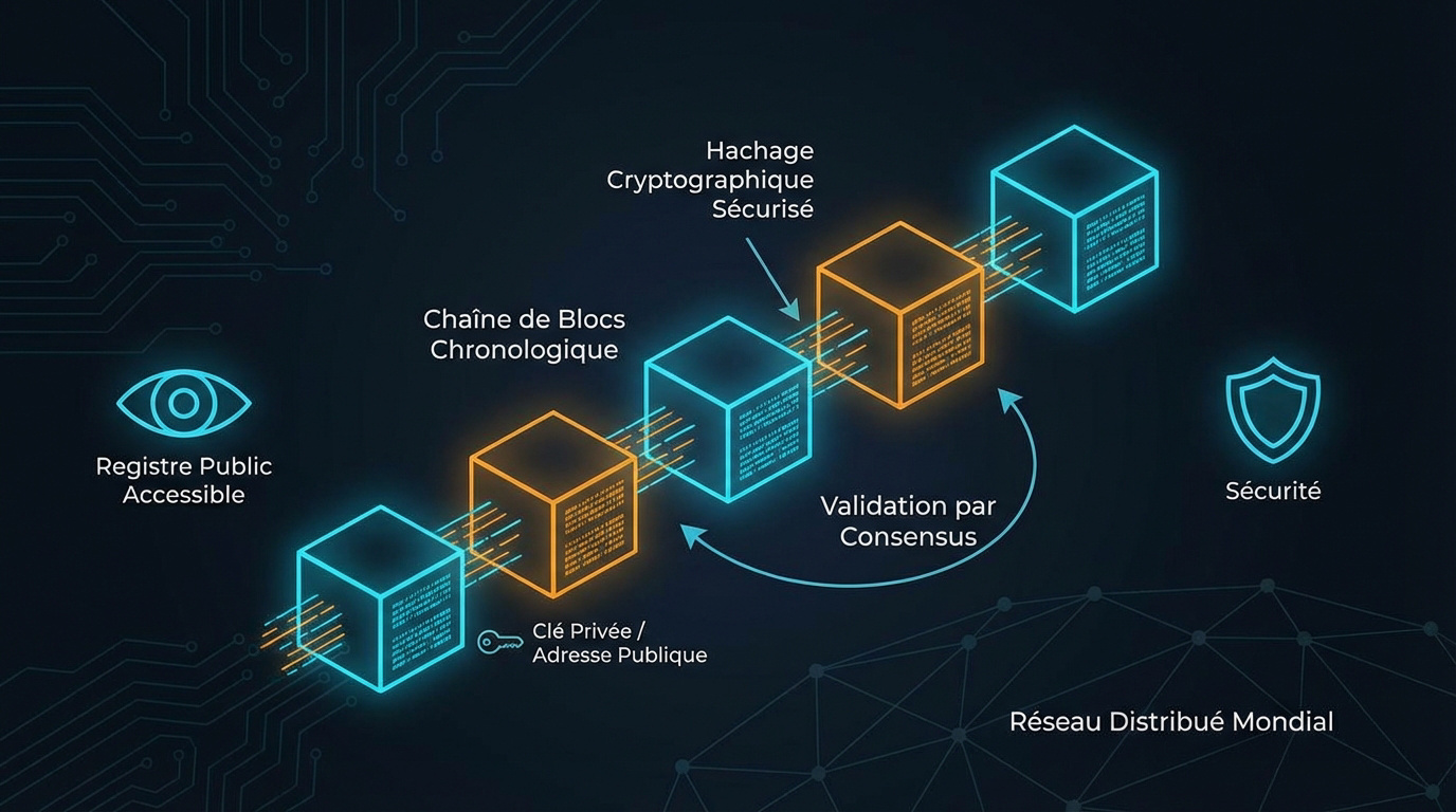 Représentation de la structure décentralisée et sécurisée de la blockchain Bitcoin