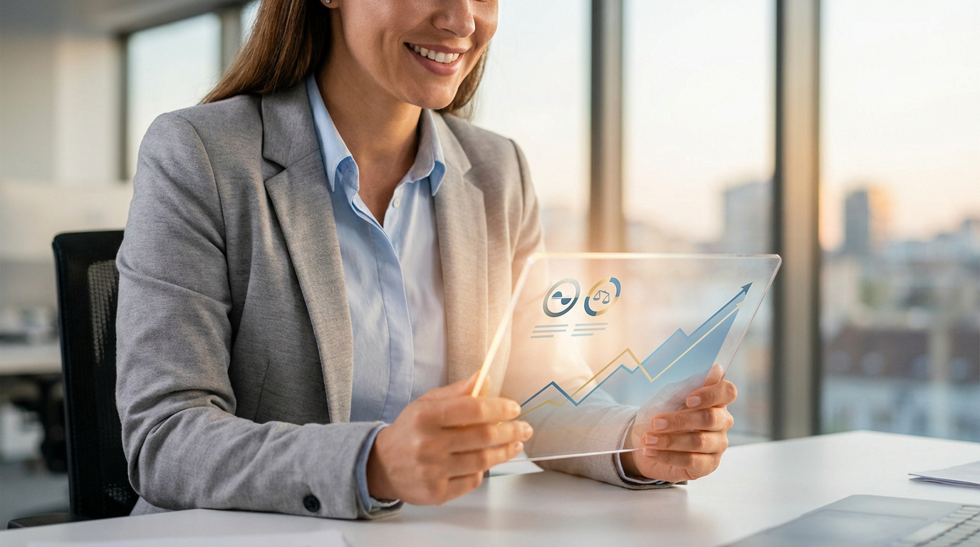 Femme souriante en costume observant des graphiques financiers de croissance sur une tablette transparente dans un bureau moderne.