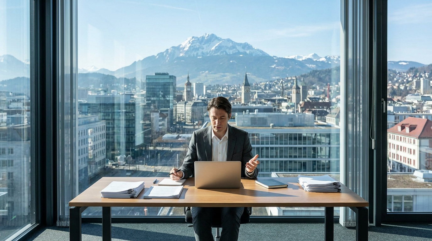 Un homme travaille sur son ordinateur portable dans un bureau moderne avec vue sur une ville suisse et des montagnes enneigées.