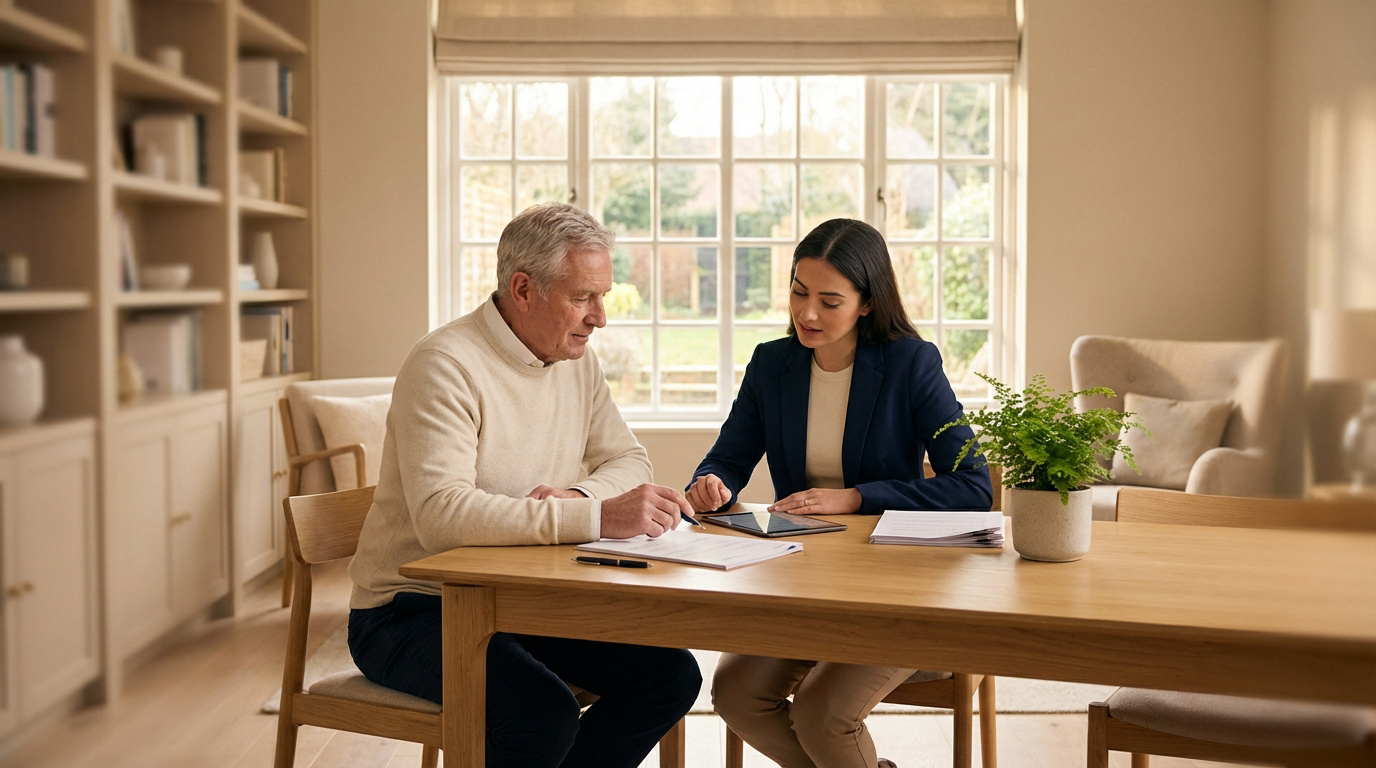 Un homme âgé et une conseillère discutent de documents et d'une tablette à une table en bois, dans un intérieur lumineux.