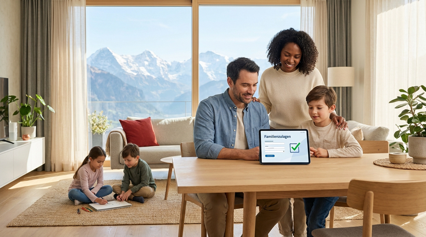 Famille souriante avec parents et enfants. Les parents examinent un formulaire d'allocations familiales sur une tablette, vue sur les Alpes.