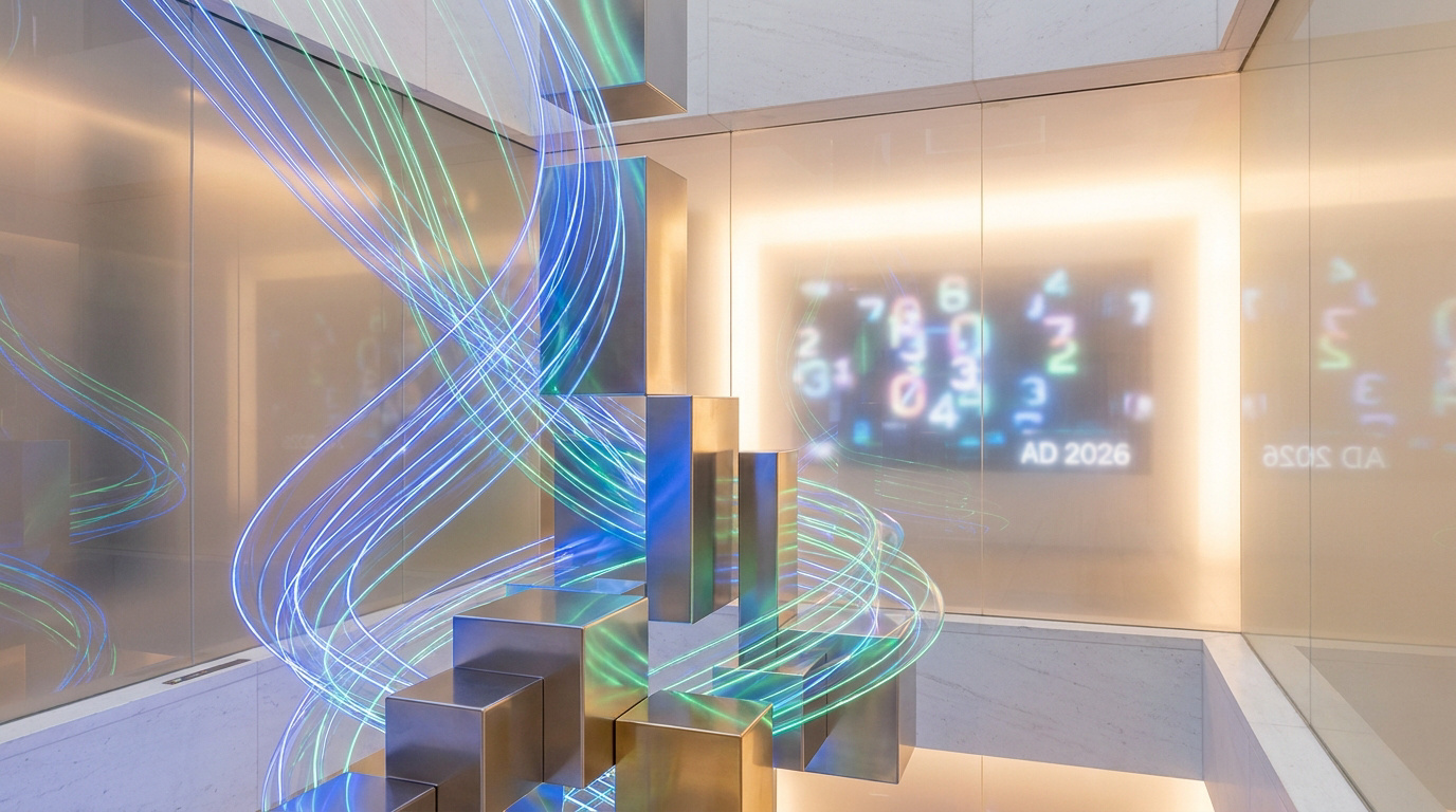 Structure de cubes métalliques avec flux lumineux bleus/verts, fond d'écran numérique de chiffres et "AD 2026".