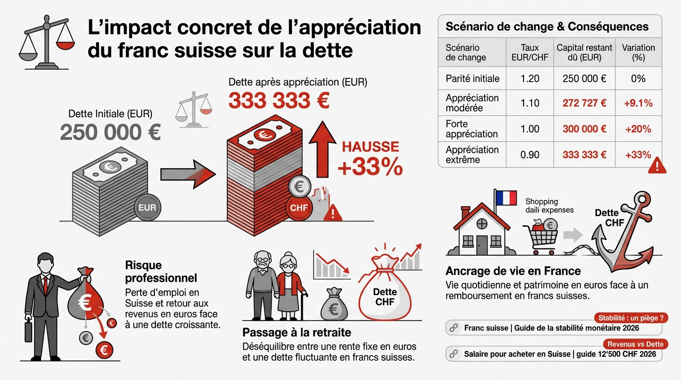 Graphique montrant l'augmentation du capital restant dû d'un prêt en euros suite à l'appréciation du franc suisse