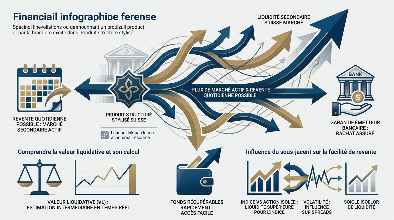 Infographie expliquant les mécanismes de liquidité et le rachat quotidien des produits structurés en 2026