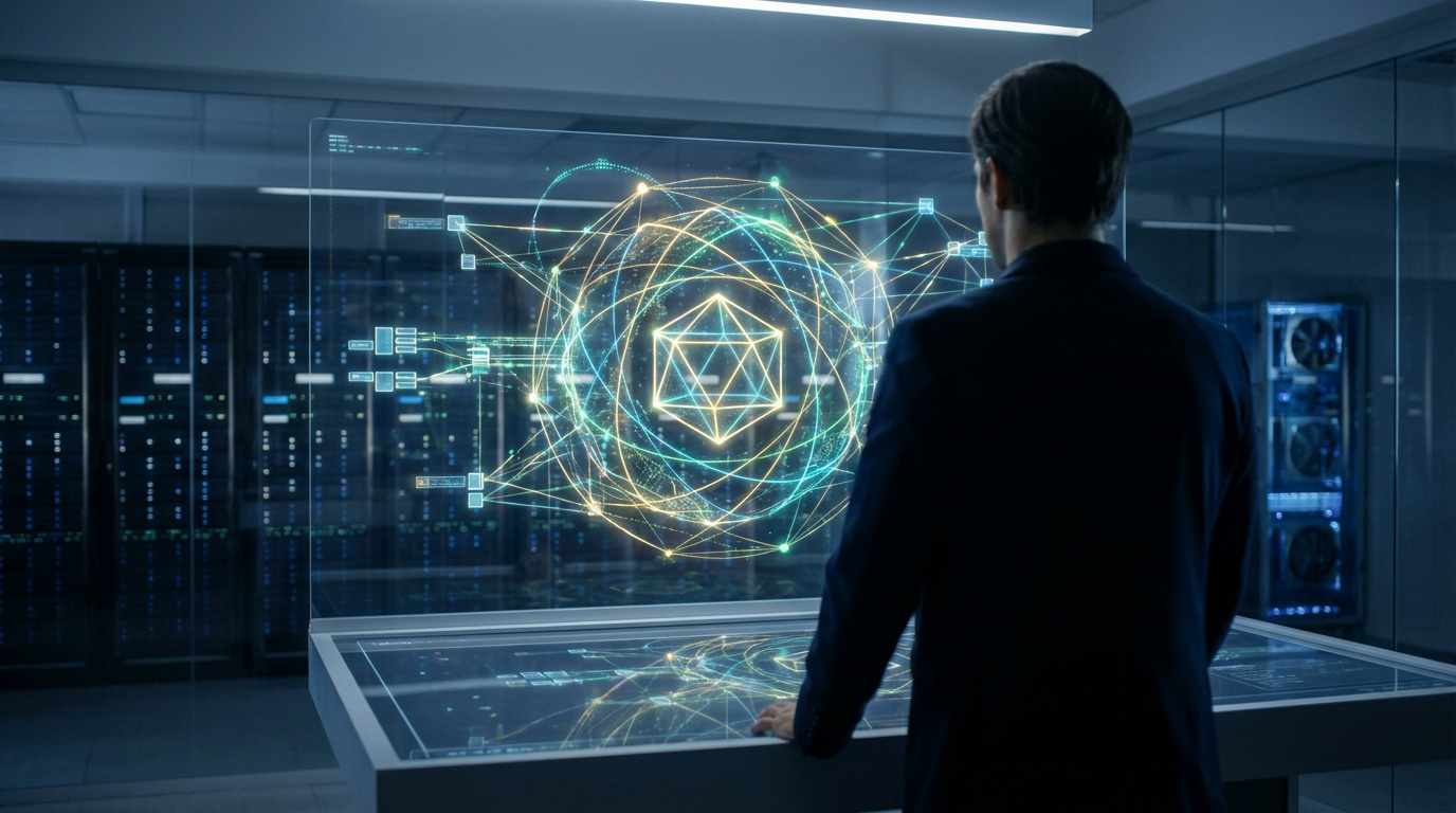 Homme observant un graphique interactif 3D d'un réseau de données (blockchain) dans un centre de serveurs, symbolisant la gestion d'actifs numériques.