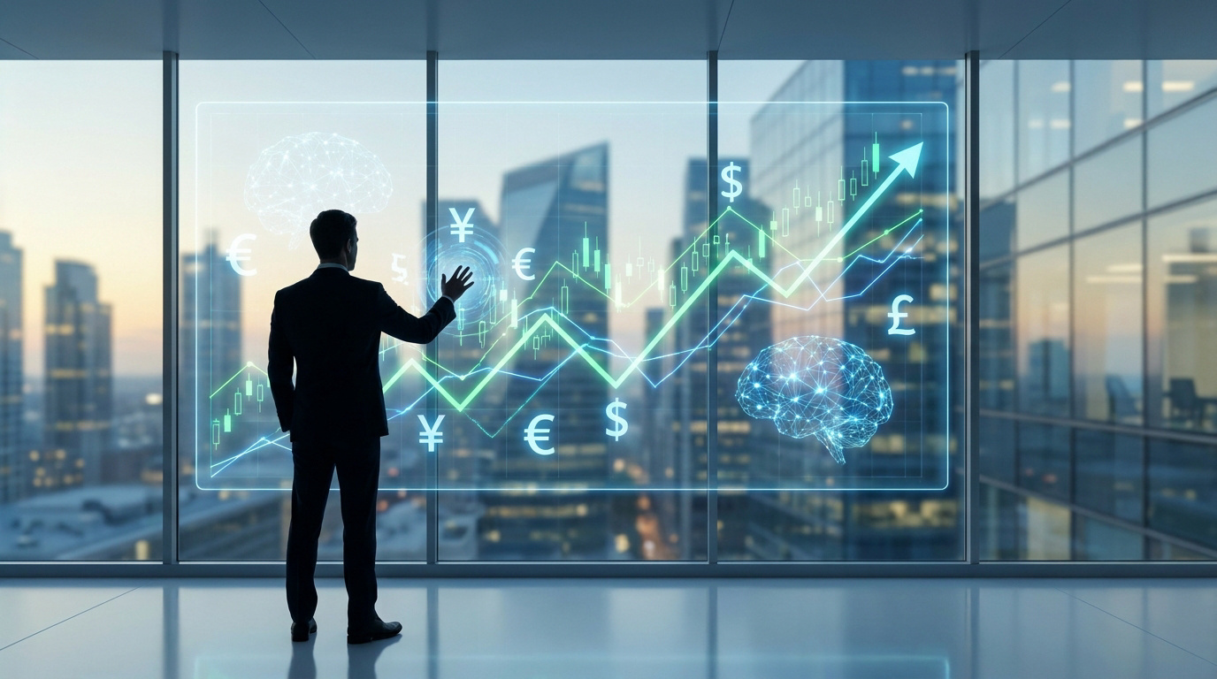 Homme en costume observe interface holographique d'analyse financière sur fenêtre. Graphiques de croissance, devises et IA. Vue sur une ville.