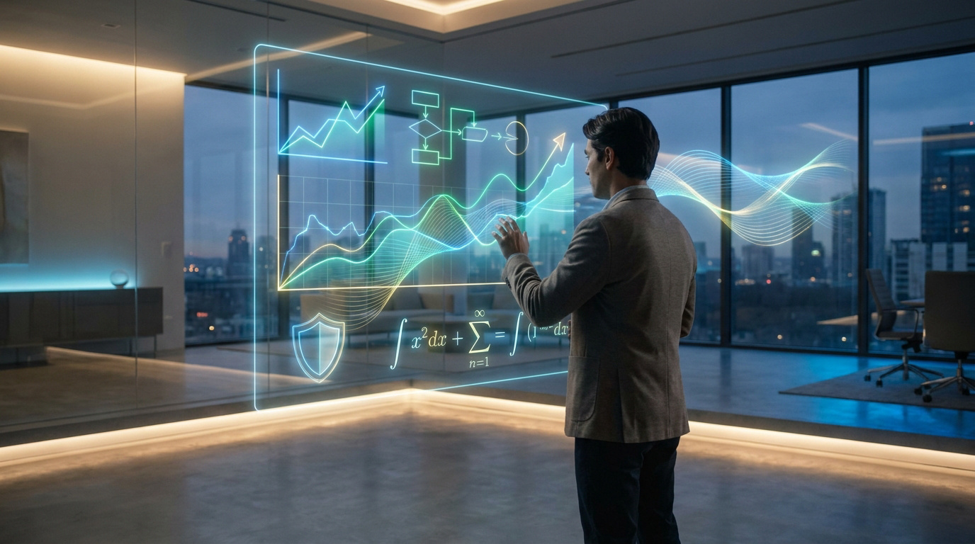 Un homme d'affaires interagit avec un écran holographique affichant des graphiques financiers, équations et données stratégiques dans un bureau moderne.