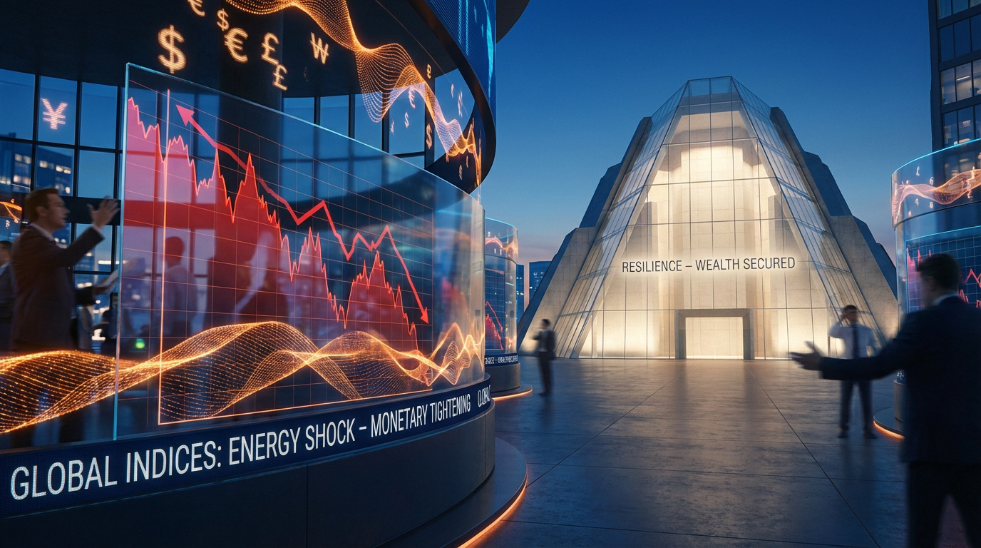 Vue d'une place financière avec écrans affichant des graphiques boursiers baissiers et un bâtiment moderne symbolisant la résilience.