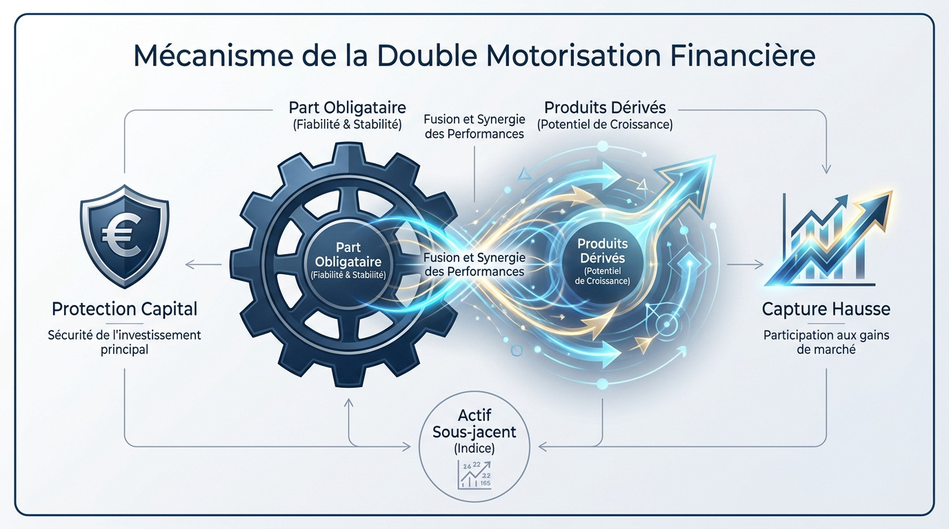 Schéma explicatif du fonctionnement hybride des fonds structurés entre obligations et produits dérivés