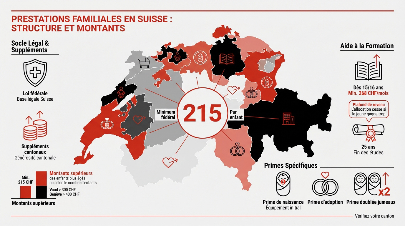 Tableau récapitulatif des allocations familiales et de formation par canton en Suisse