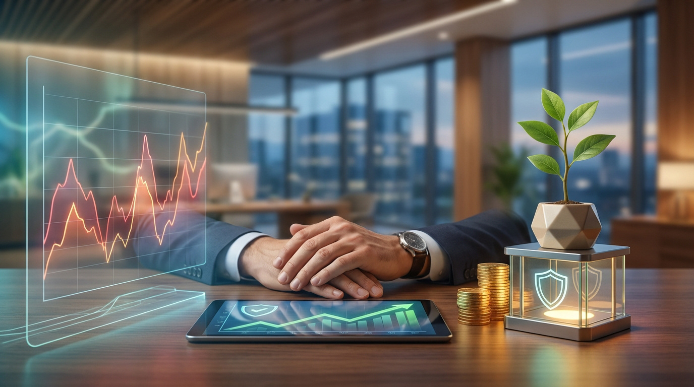 Mains d'un homme d'affaires sur bureau avec graphiques financiers, tablette, pièces d'or, plante et symbole de protection. Vue sur la ville.