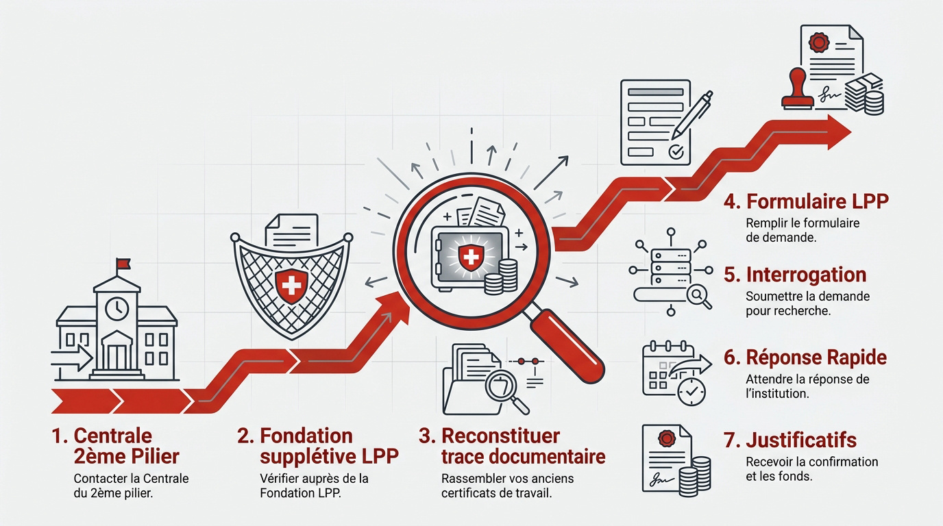 Illustration des étapes pour retrouver ses avoirs LPP en Suisse