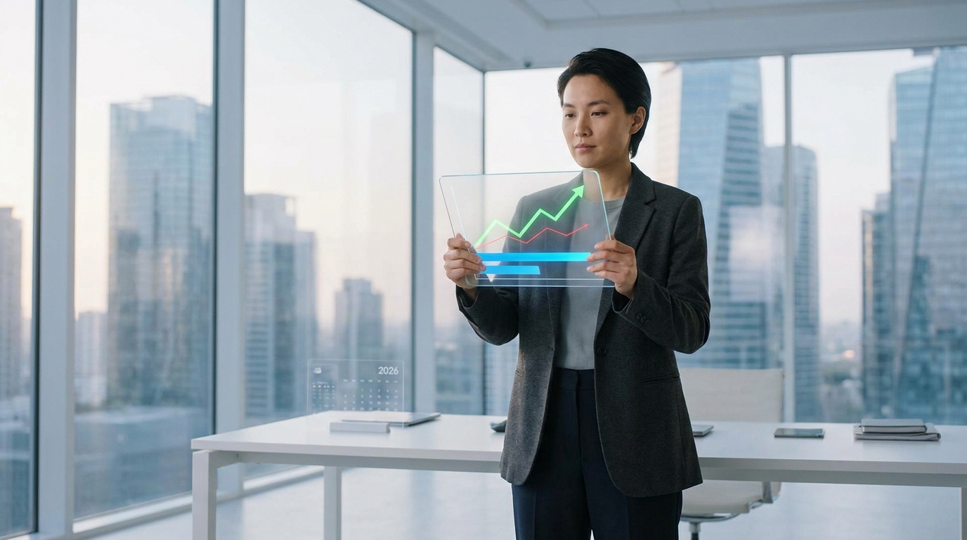 Personne analysant un graphique croissant sur un écran transparent affichant '2026'. Vue sur une ville moderne depuis un bureau.