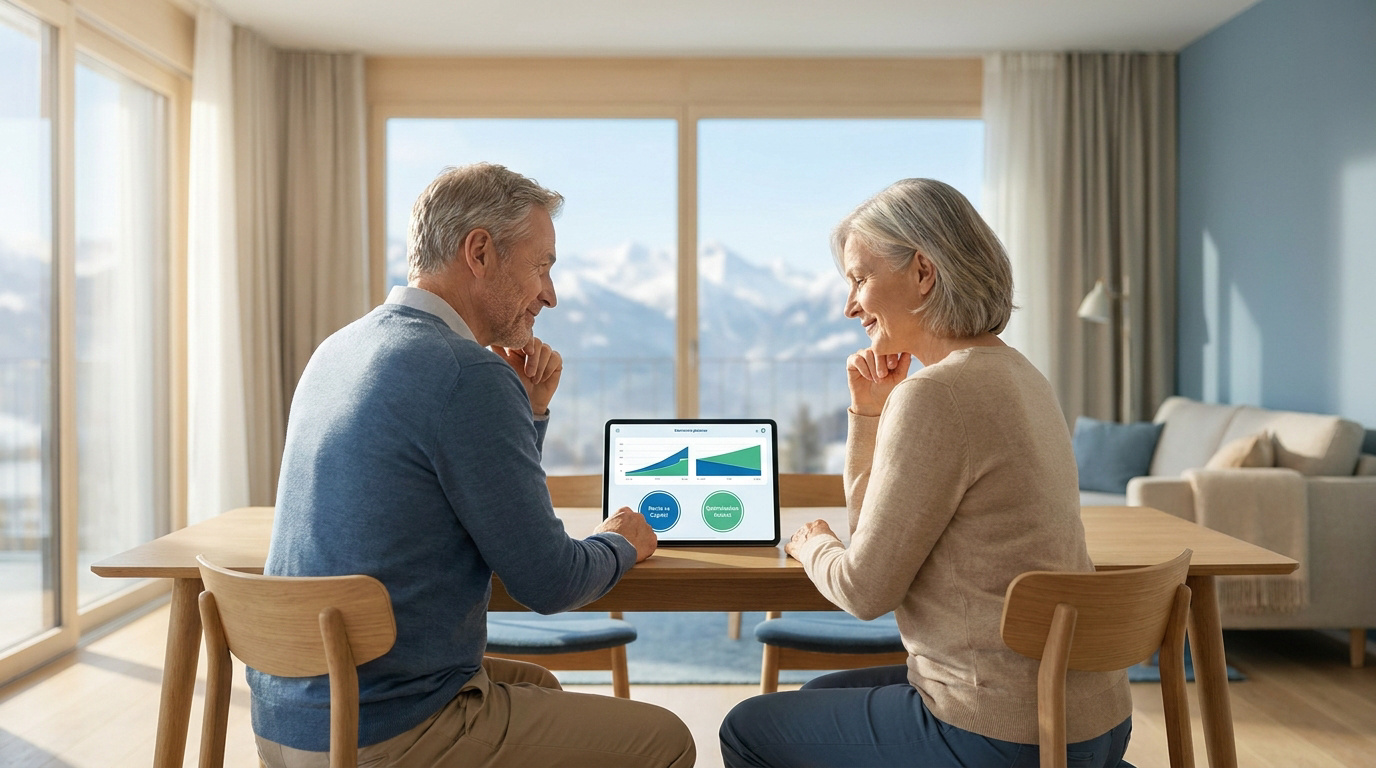 Couple senior planifiant sa retraite sur une tablette, affichant des graphiques financiers, dans un salon moderne avec vue montagne.
