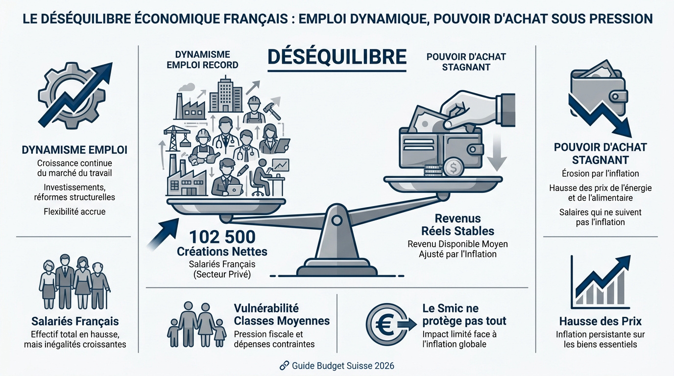 Graphique illustrant le décalage entre la croissance de l'emploi et la stagnation du pouvoir d'achat en France