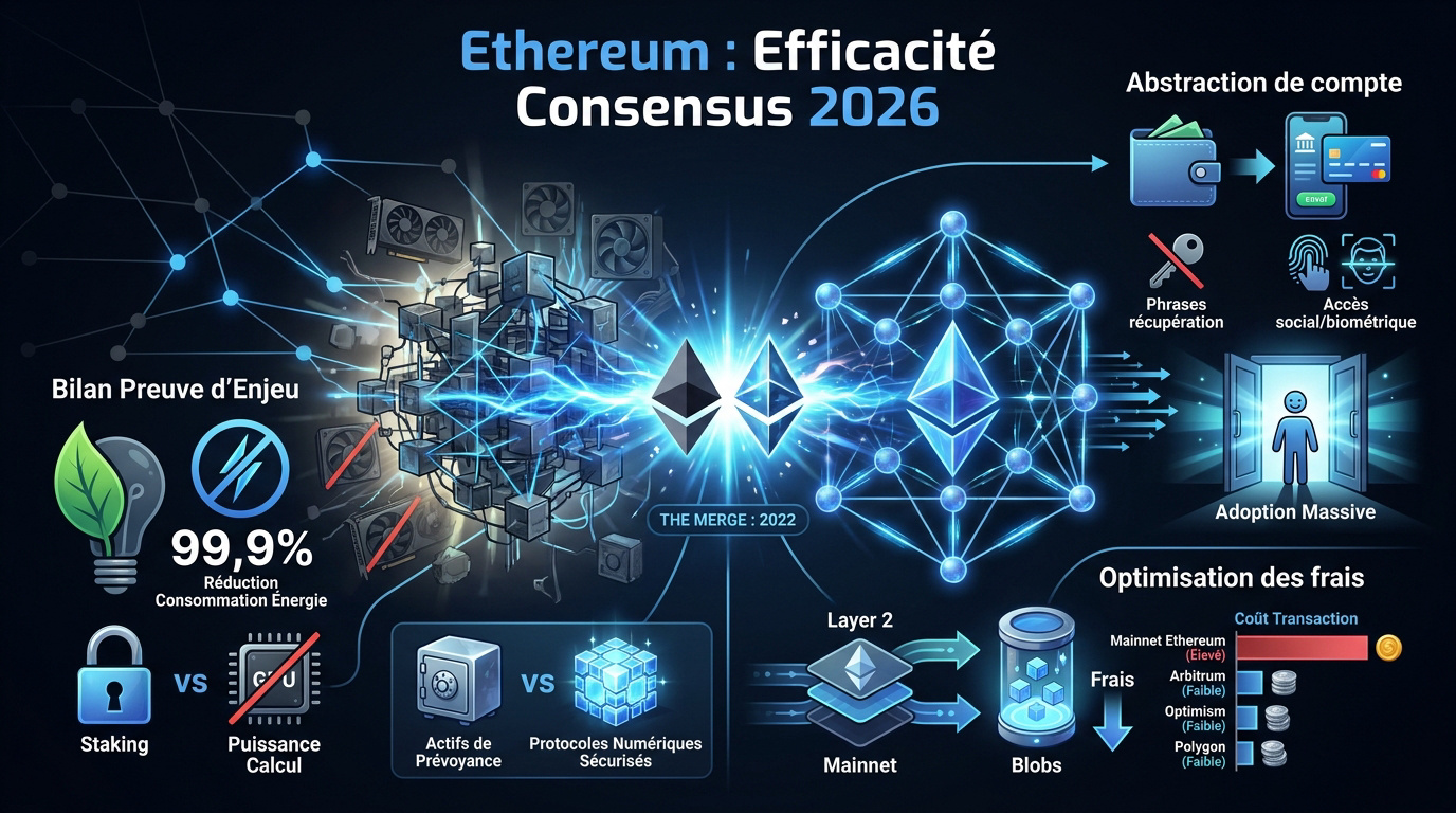 Schéma illustrant l'architecture technique et le consensus d'Ethereum en 2026