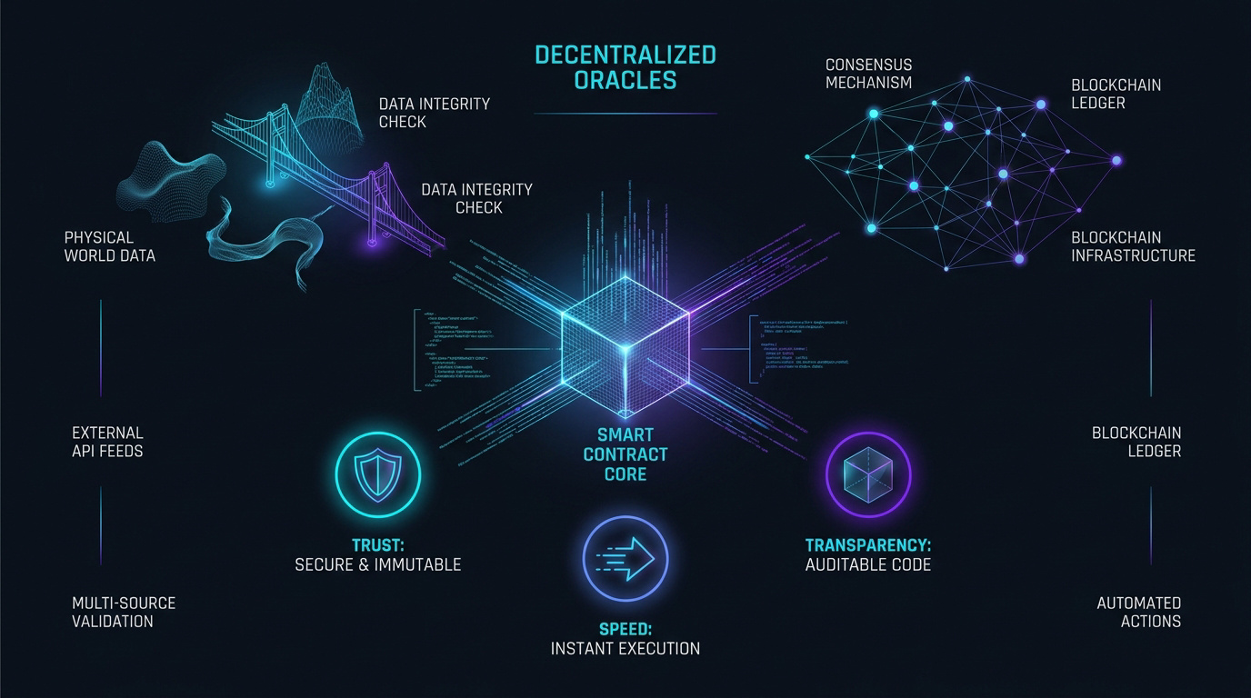 Infographie futuriste illustrant le fonctionnement des smart contracts et des oracles en finance décentralisée