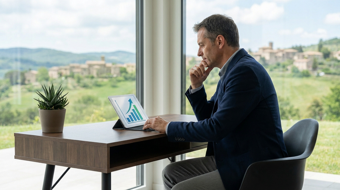 Homme d'affaires consultant des graphiques de croissance sur tablette dans un bureau avec vue panoramique.