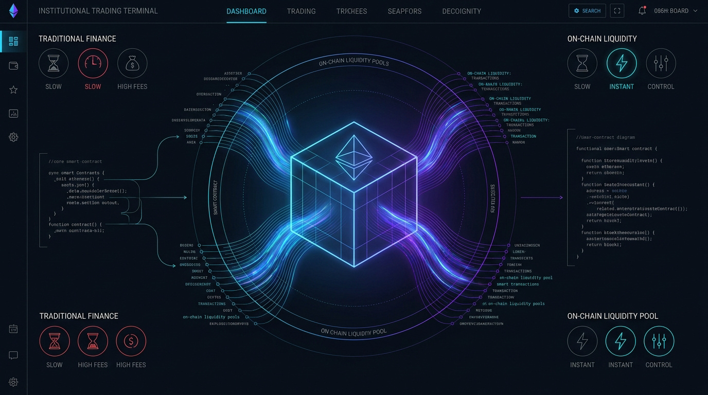 Interface de finance décentralisée sur Ethereum illustrant la souveraineté numérique et la transparence des smart contracts