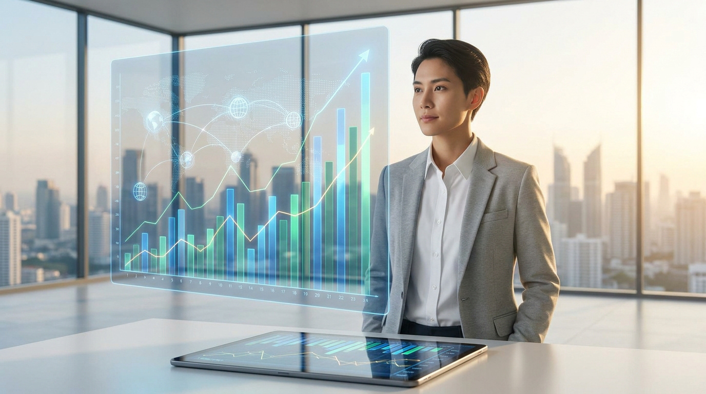 Jeune homme d'affaires observant un graphique financier holographique de croissance globale. Une tablette affiche des données sur un bureau.