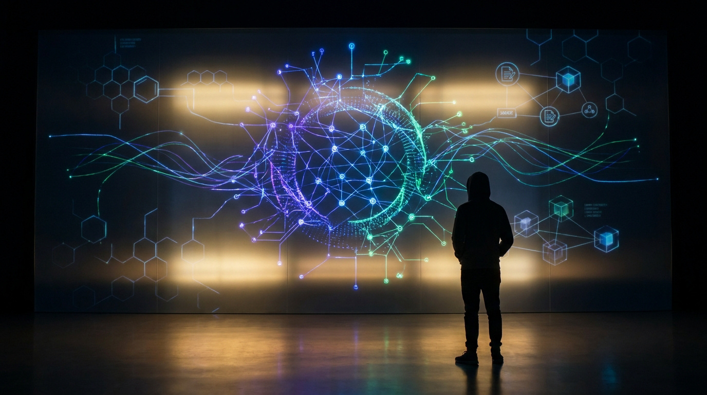 Silhouette devant un écran géant affichant un réseau numérique complexe, des symboles de blockchain et des connexions mondiales.